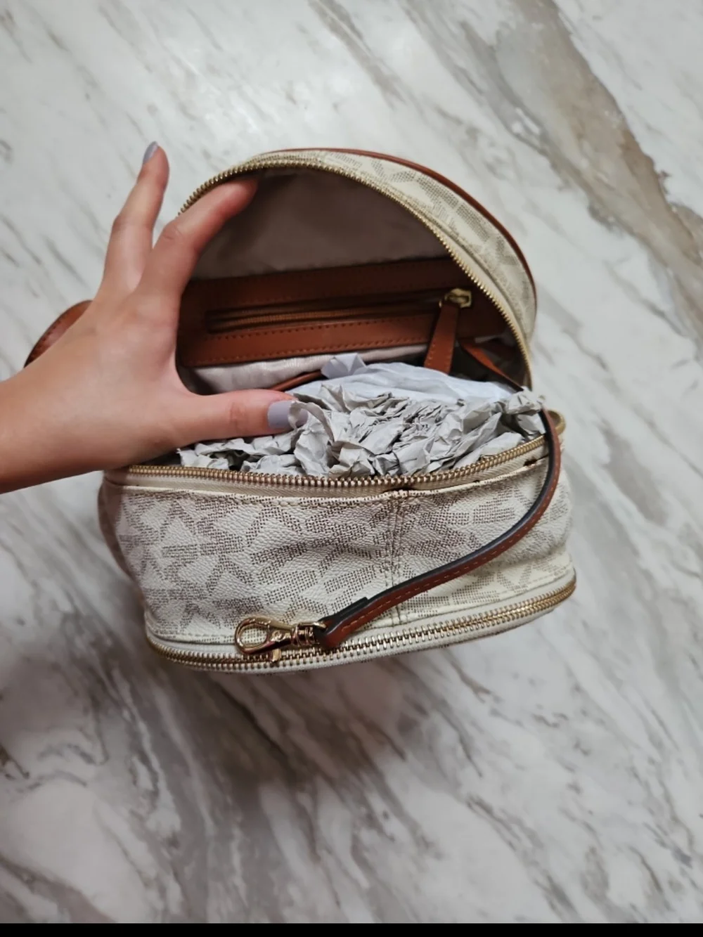 Michael Kors Cream Logo Mini Backpack with Gold Studs